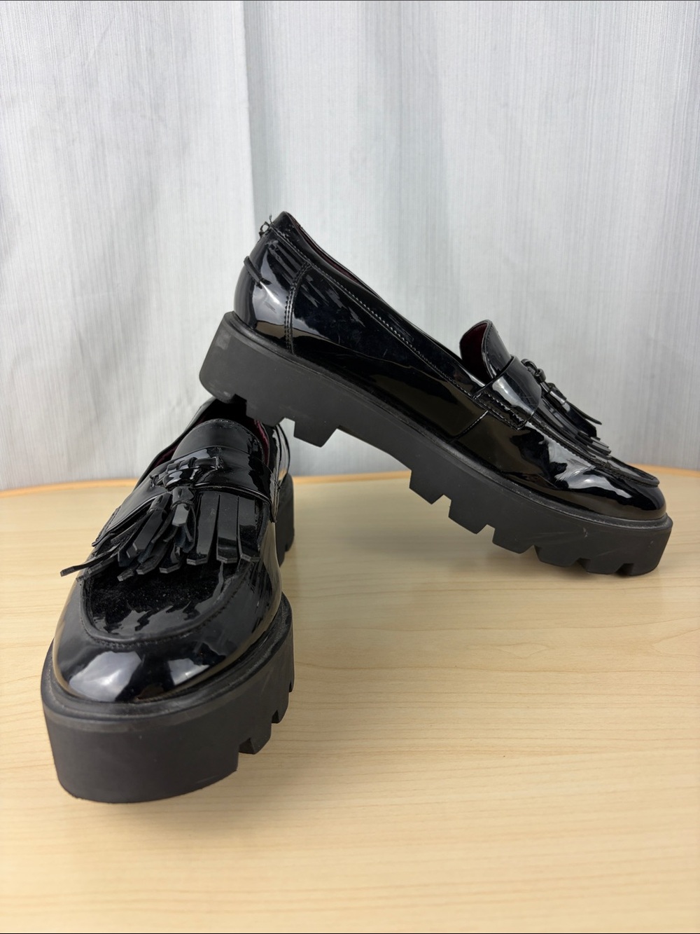 Franco Sarto Patent Tassel Loafers Black Platform Lug Sole 8.5